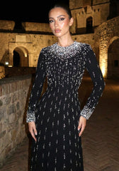 Long Sleeve Crystal Pearl Sequin Maxi Dress Black