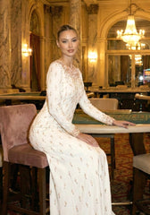Long Sleeve Crystal Pearl Sequin Maxi Dress White