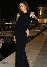 Long Sleeve Sequin Shoulder Maxi Dress Black
