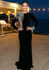 Long Sleeve Crystal Shoulder Maxi Velvet Dress Black