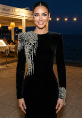Long Sleeve Crystal Shoulder Maxi Velvet Dress Black
