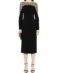 Long Sleeve Crystal Shoulder Midi Dress Black