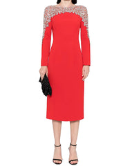 Long Sleeve Crystal Shoulder Midi Dress Red