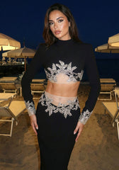 Long Sleeve Crystal Embellished Two Piece Maxi Dress Black