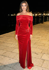Long Sleeve Draped Bardot Maxi Velvet Dress Red
