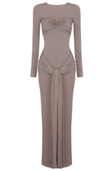 Long Sleeve Draped Detail Maxi Dress Brown