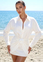 Long Sleeve Draped Floral Shirt Dress White