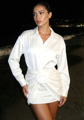 Long Sleeve Draped Floral Shirt Dress White