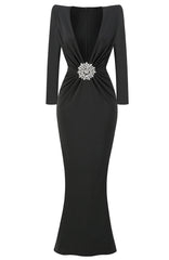 Long Sleeve Draped Embellished Maxi Dress Black