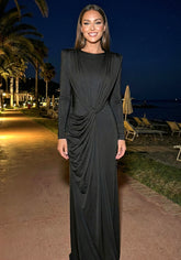 Long Sleeve Draped Design Maxi Dress Black
