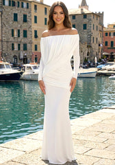 Long Sleeve Draped Bardot Maxi Dress White
