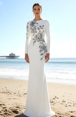 Long Sleeve Embellished Floral Detail Maxi Dress White