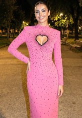 Long Sleeve Embellished Heart Cut Out Maxi Dress Hot Pink