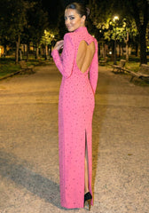 Long Sleeve Embellished Heart Cut Out Maxi Dress Hot Pink