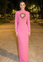 Long Sleeve Embellished Heart Cut Out Maxi Dress Hot Pink