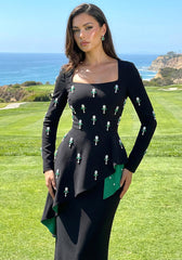 Long Sleeve Embellished Peplum Maxi Dress Black Green