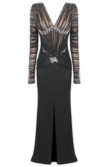 Long Sleeve Embellished Ruched Mesh Maxi Dress Black