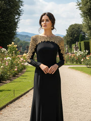 Long Sleeve Crystal Shoulders Maxi Dress Black