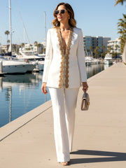 Long Sleeve Embellished Neckline Suit White