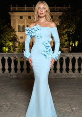 Long Sleeve Floral Detail Bardot Maxi Dress Light Blue