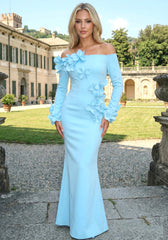Long Sleeve Floral Detail Bardot Maxi Dress Light Blue