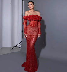 Long Sleeve Floral Bardot Sequin Maxi Dress Red