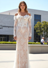 Long Sleeve Floral Bustier Lace Maxi Dress White Nude