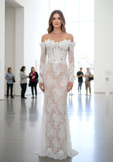 Long Sleeve Floral Bustier Lace Maxi Dress White Nude