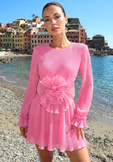 Long Sleeve Floral Detail Backless Dress Hot Pink