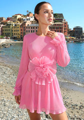 Long Sleeve Floral Detail Backless Dress Hot Pink