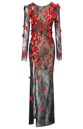 Long Sleeve Floral Detail Lace Maxi Dress Black Red