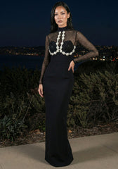 Sparkly Long Sleeve Floral Detail Maxi Dress Black