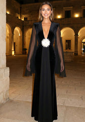 Mesh Sleeves Floral Maxi Velvet Dress Black