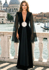 Mesh Sleeves Floral Maxi Velvet Dress Black