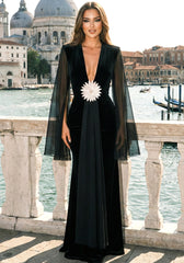 Mesh Sleeves Floral Maxi Velvet Dress Black