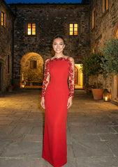 Long Sleeve Floral Sequin Mesh Maxi Dress Red