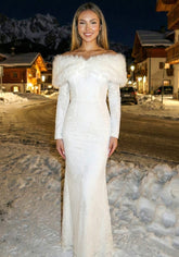 Long Sleeve Fur Bardot Maxi Dress White