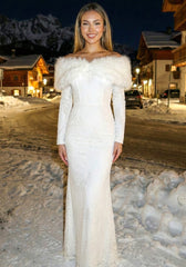 Long Sleeve Fur Bardot Maxi Dress White