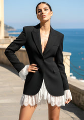 Long Sleeve Lace Blazer Dress Black White