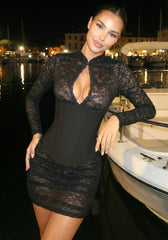Long Sleeve Draped Lace Corset Dress Black