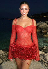 Long Sleeve Lace Floral Ruffle Dress Red