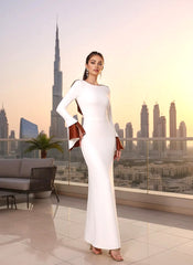Flounce Sleeves Maxi Dress White Brown