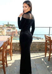 Long Sleeve Mesh Insert Maxi Velvet Dress Black