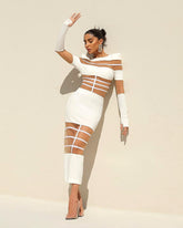Long Sleeves Mesh Insert Midi Dress White