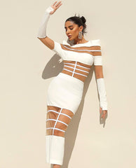 Long Sleeves Mesh Insert Midi Dress White