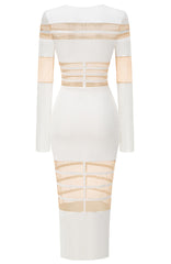 Long Sleeves Mesh Insert Midi Dress White