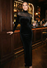 Long Sleeve Mesh Insert Velvet Maxi Dress Black