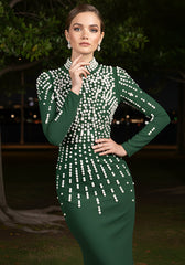 Long Sleeve Pearl Backless Maxi Dress Green