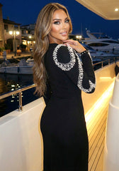 Long Sleeve Pearl Crystal Maxi Dress Black