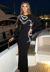Long Sleeve Pearl Crystal Maxi Dress Black